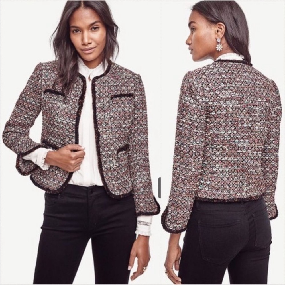 Ann Taylor Multicolor Tweed Open Front Sequin Embellished Cropped Jacket Blazer